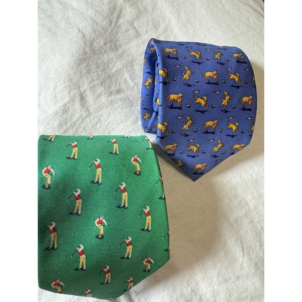 Lot of 2 Bird Dog Bay 100%silk Neckties Golf Theme/Dog Theme Made In USA Preppy